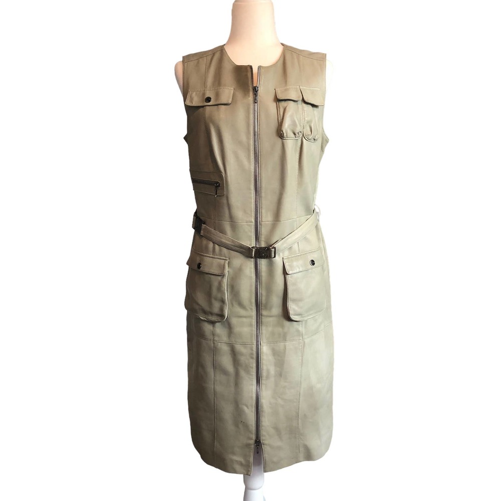 Escada Lamb Leather Belted Sleeveless Dress